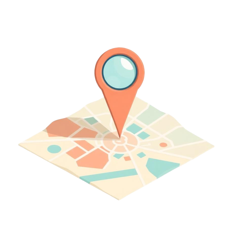 Illustration of a map pin with a magnifying glass over a city map